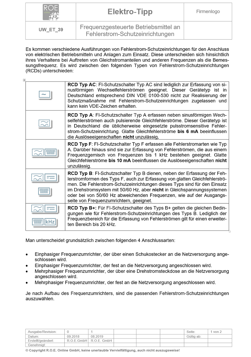 39 Frequenzgesteuerte Betriebsmittel An Fehlerstrom Schutzeinrichtung