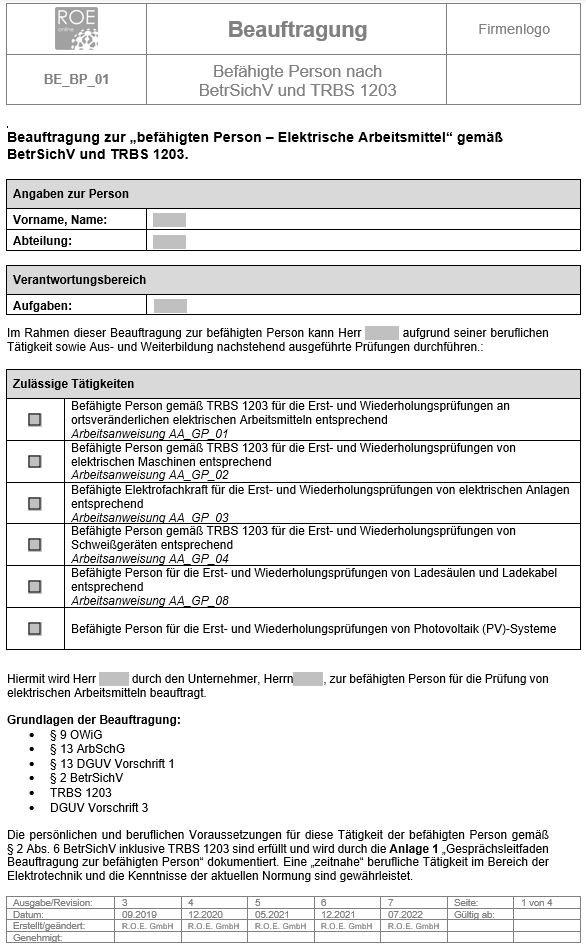 Bestellurkunde Bef Higte Person Elektrische Arbeitsmittel R O E